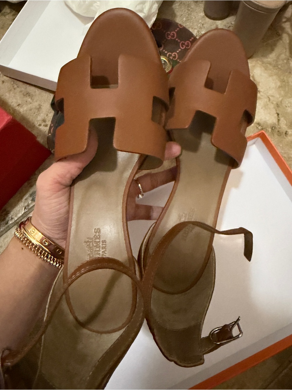 Hermes Tan Leather H Cut Ankle-Strap Sandals